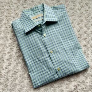 MICHAEL Michael Kors Slim Fit Mens Plaid Blue Green Spring Cotton Button Shirt L